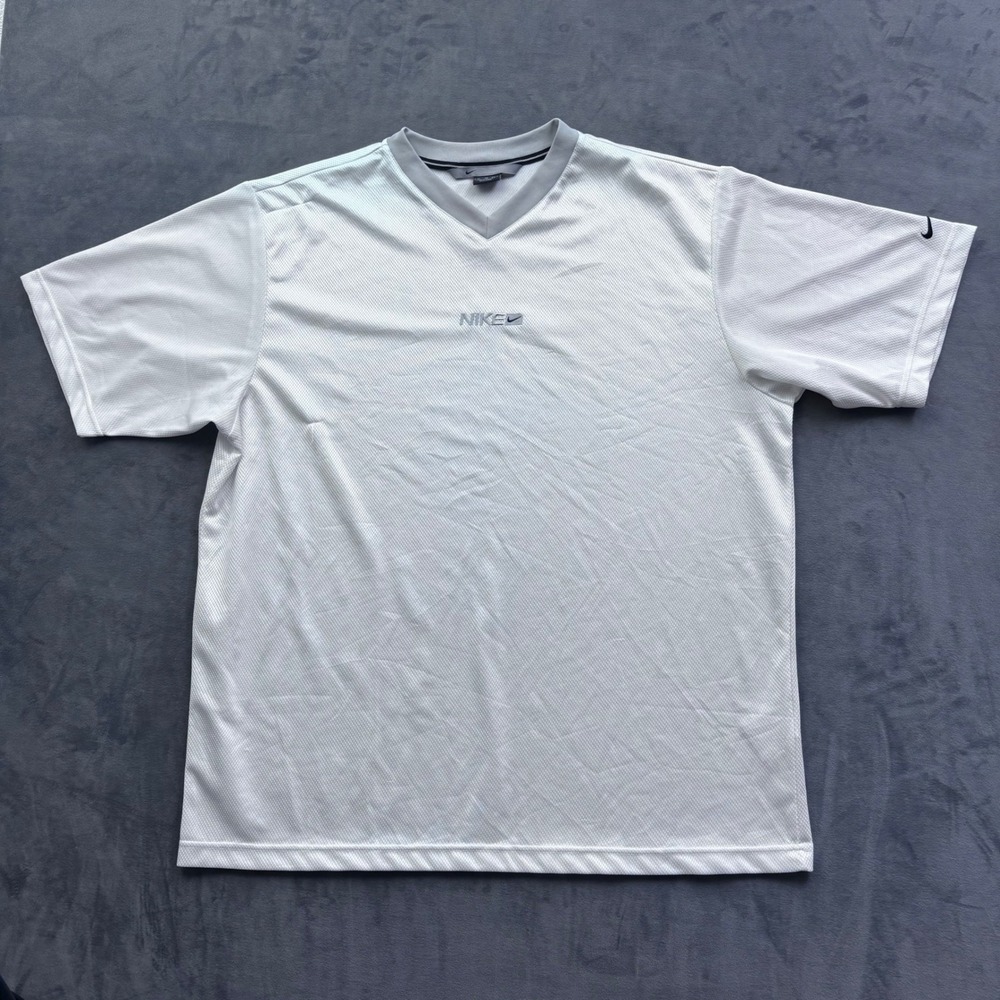VTG Nike Mens V-Neck Mesh Athletic Training Shirt White XL Vintage Center Swoosh
